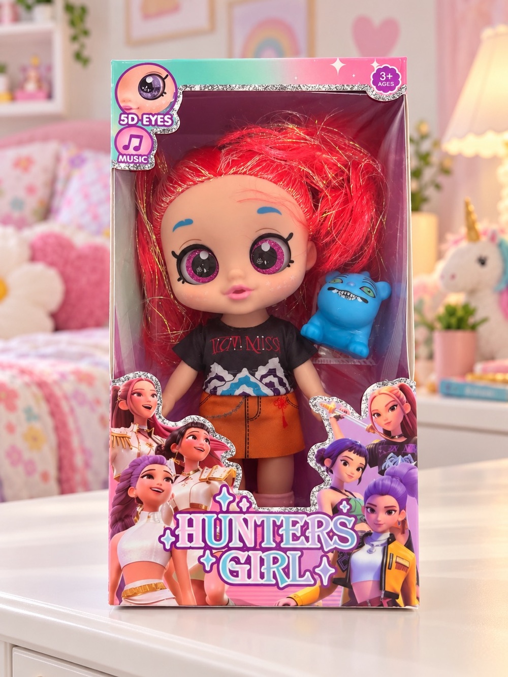 KPOP Demon Hunters Girl Mira Hair Doll – 5D Eyes Music Figure in Box